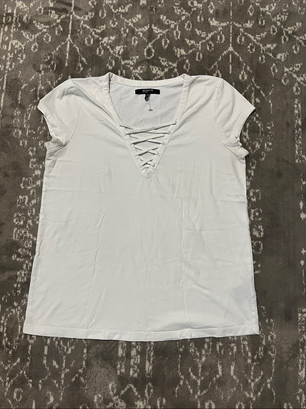 Brunette The Label White Lace-Up V-Neck Short Sleeve Top
